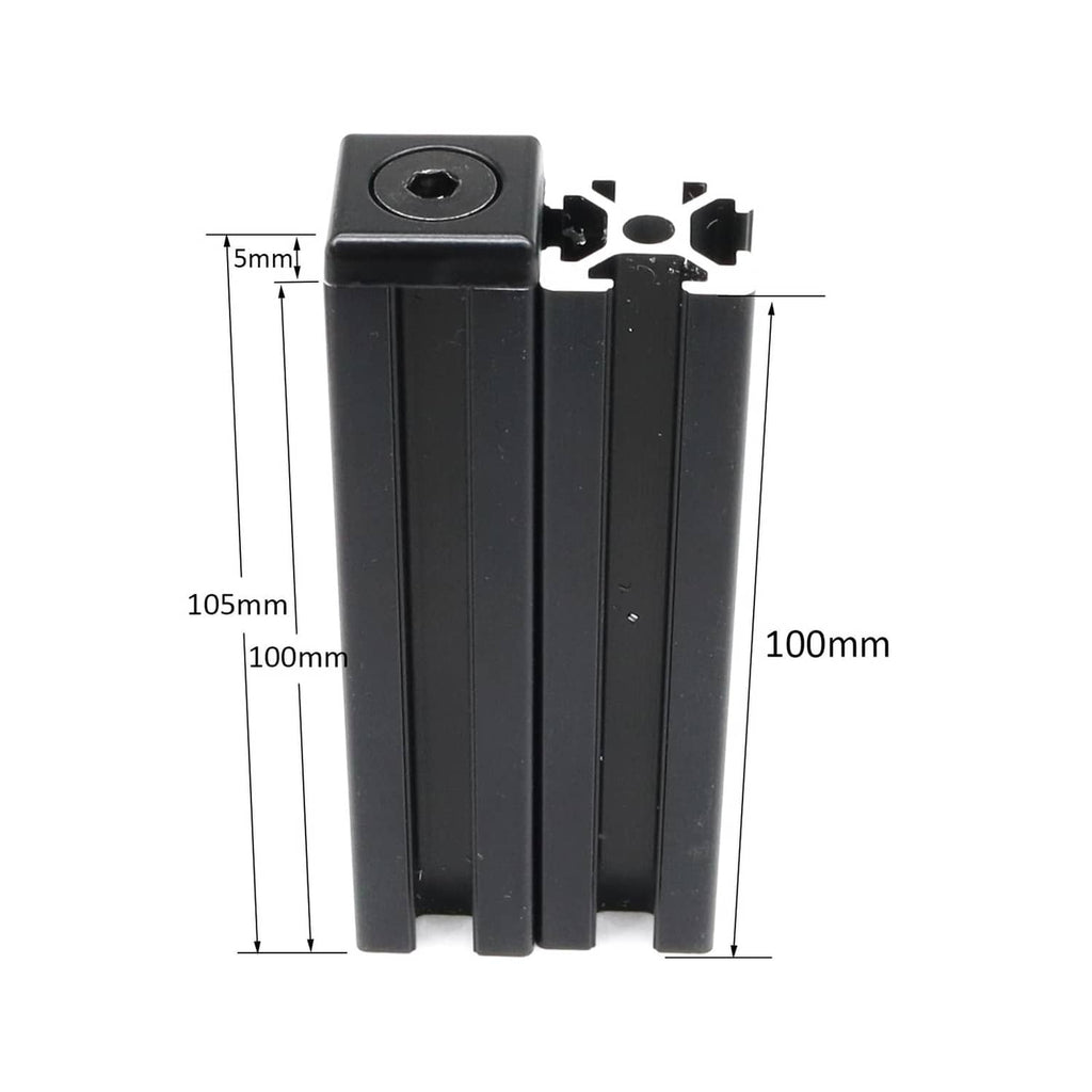 Black T-slot end cap bracket set, side view with mounting hole and dimensions