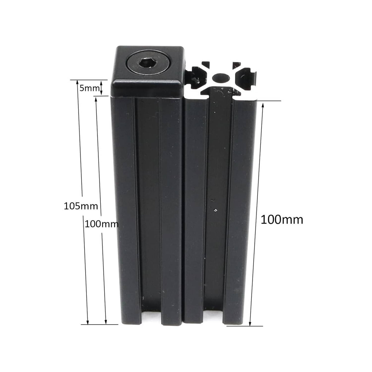 Black T-slot end cap bracket set, side view with mounting hole and dimensions