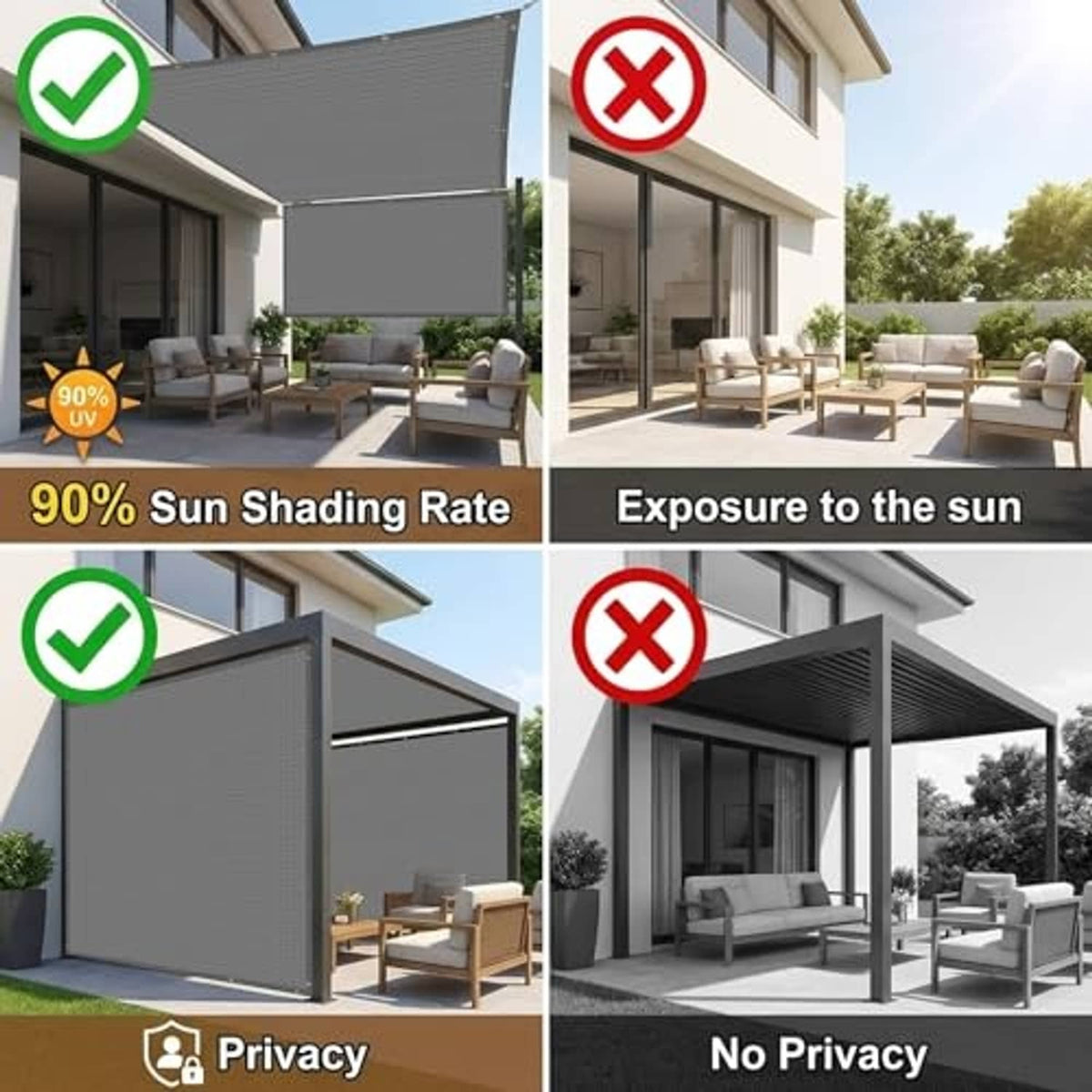 Gray sun shade cloth mounted over patio furniture for outdoor sun shading