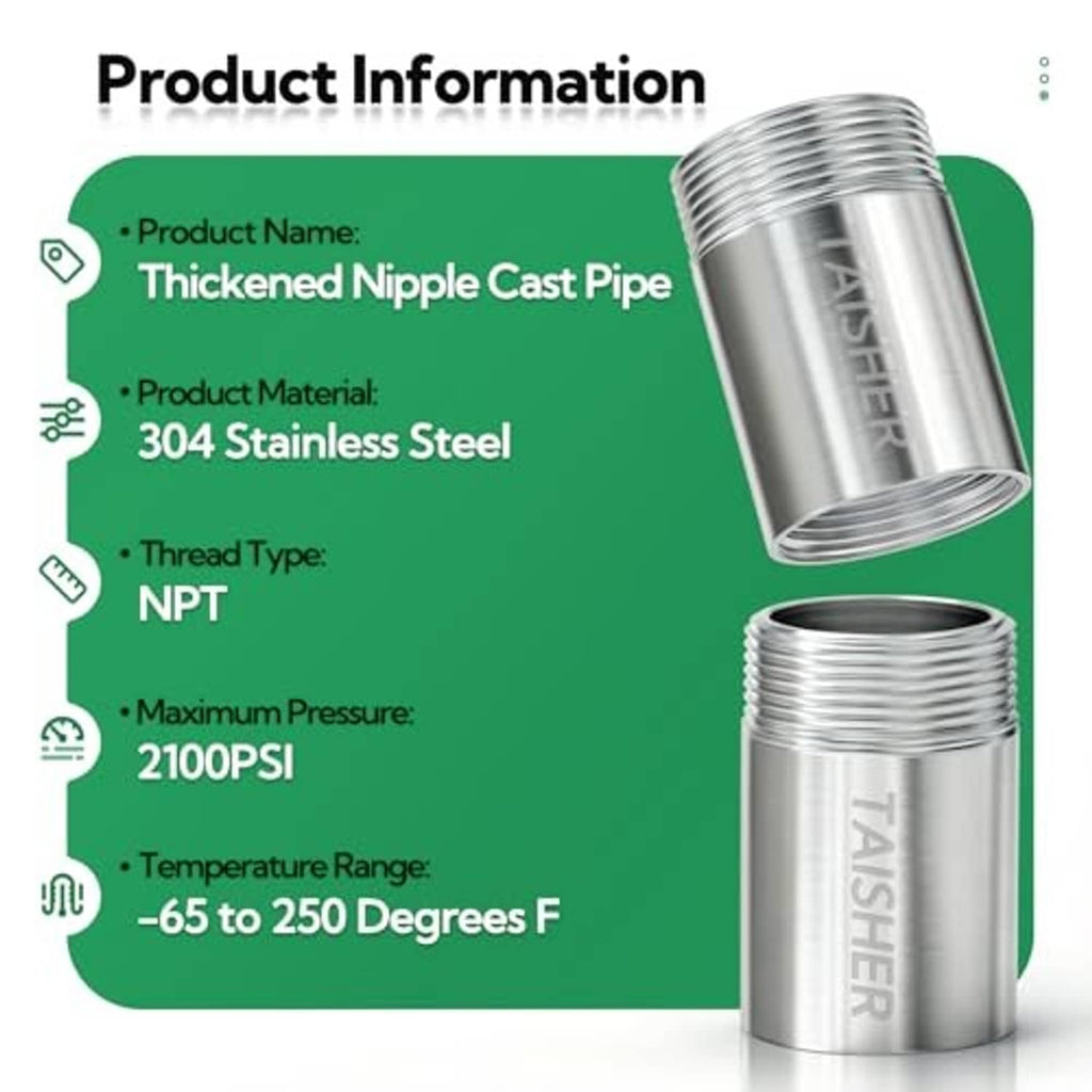 Stainless steel NPT pipe fitting product info graphic with 304 stainless steel details