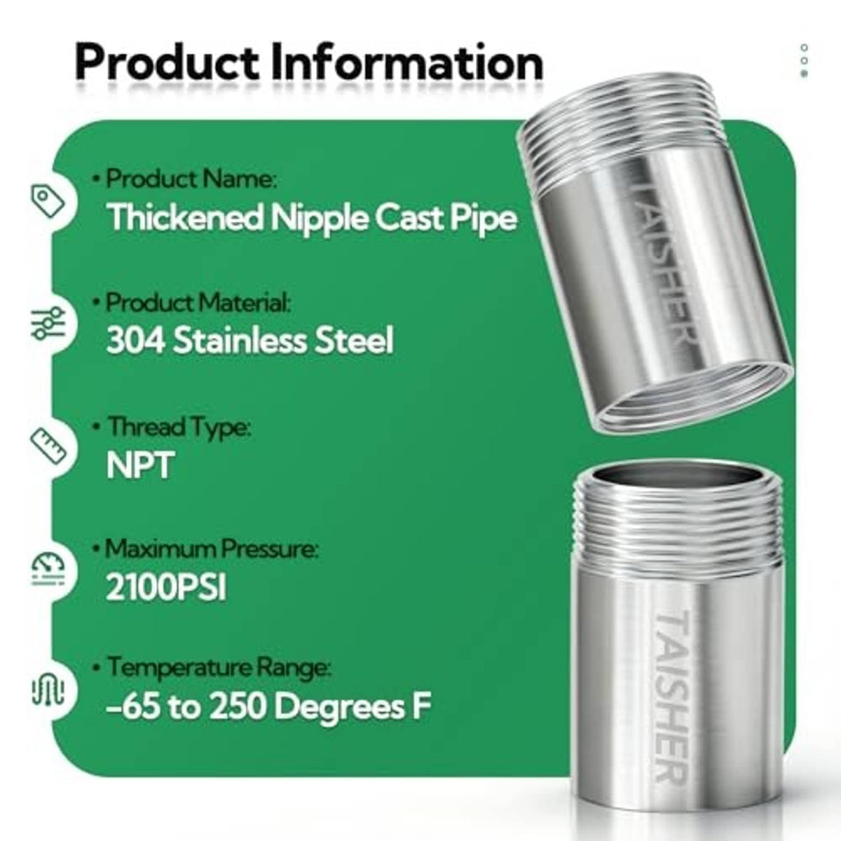 Stainless steel NPT pipe fitting product info graphic with 304 stainless steel details