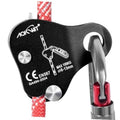 AOKWIT black rope grab belay device with red climbing rope and silver locking lever