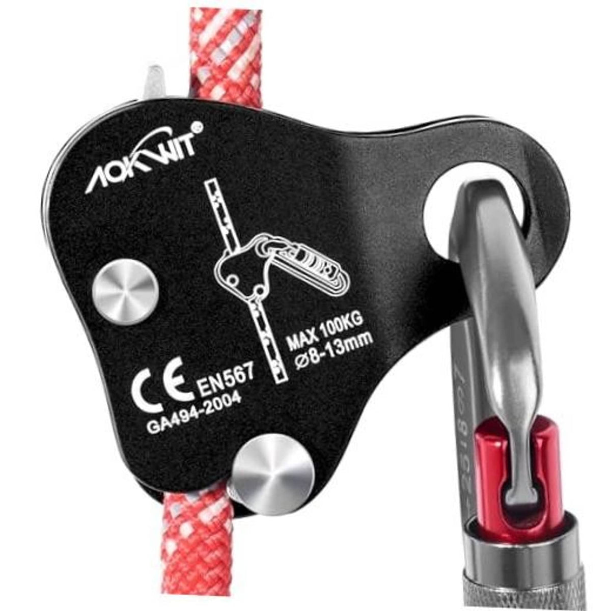 AOKWIT black rope grab belay device with red climbing rope and silver locking lever