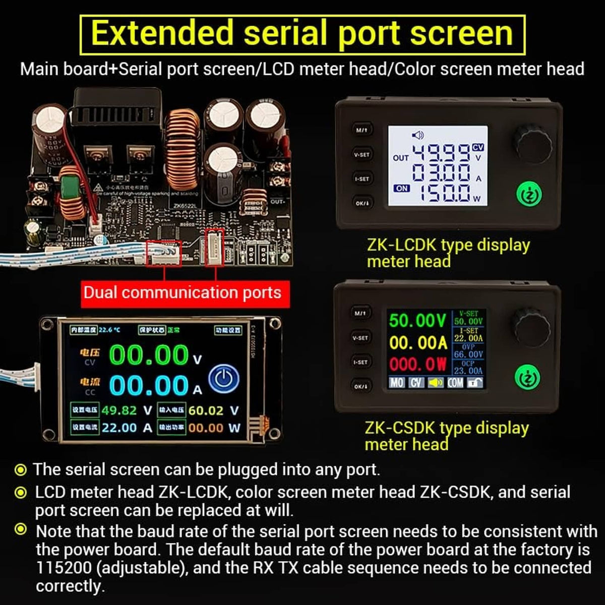 DC power supply module with dual serial screen displays, LCD meter, and connector port
