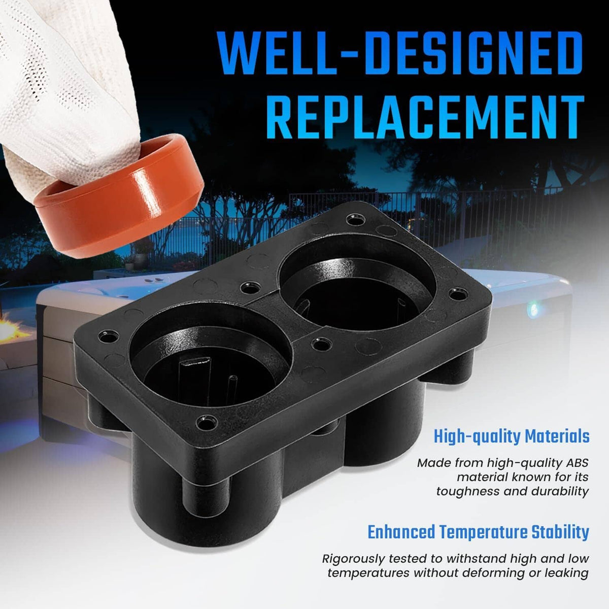 Black hot tub heater end cap with two circular ports and mounting holes