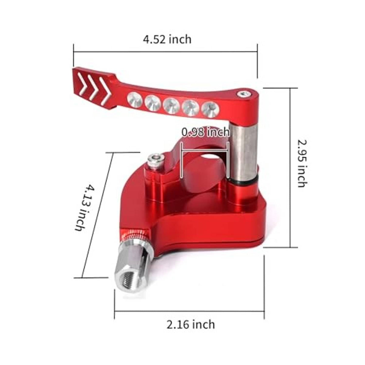 Red and silver billet throttle thumb assembly with size diagram and mounting stud
