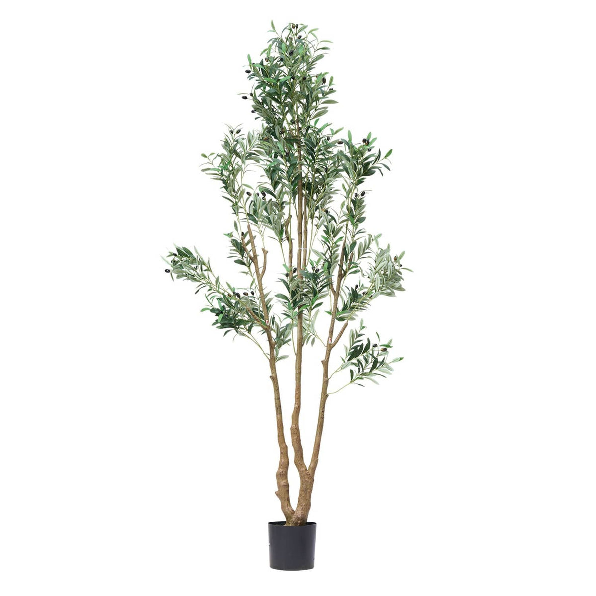 Tall artificial olive tree with green leaves and black pot