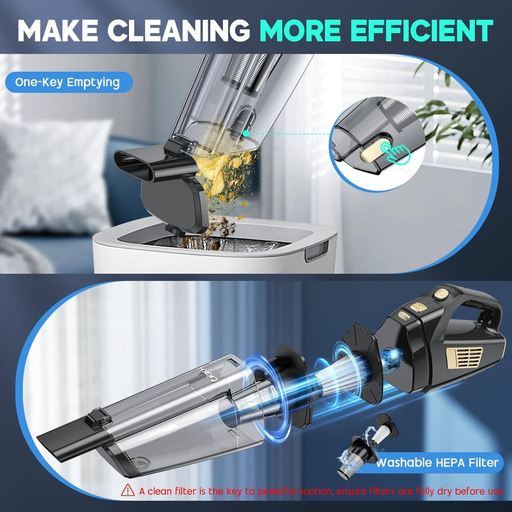Black cordless handheld vacuum showing washable HEPA filter and one-key emptying bin