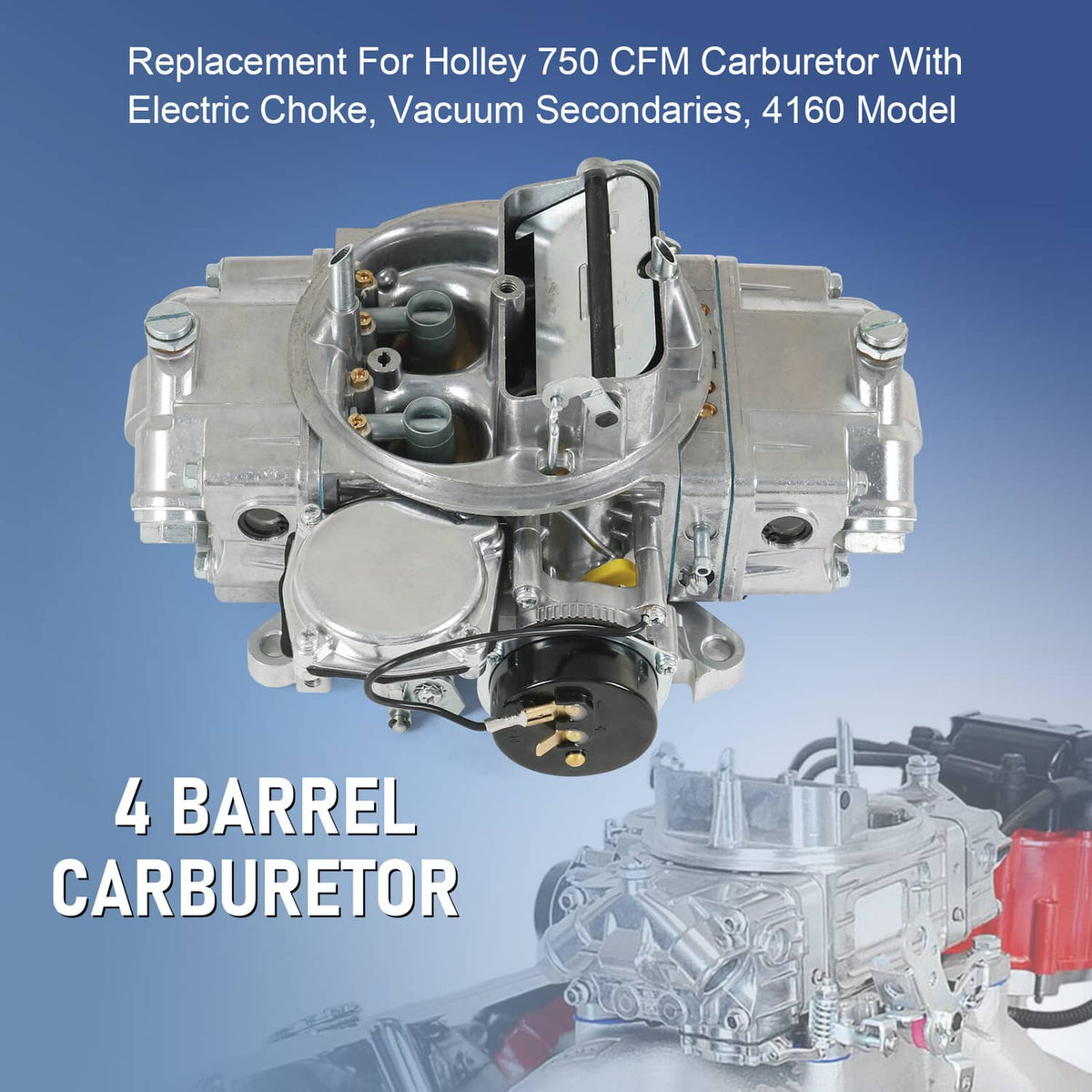 Silver 4-barrel carburetor unit with electric choke and vacuum secondary housing