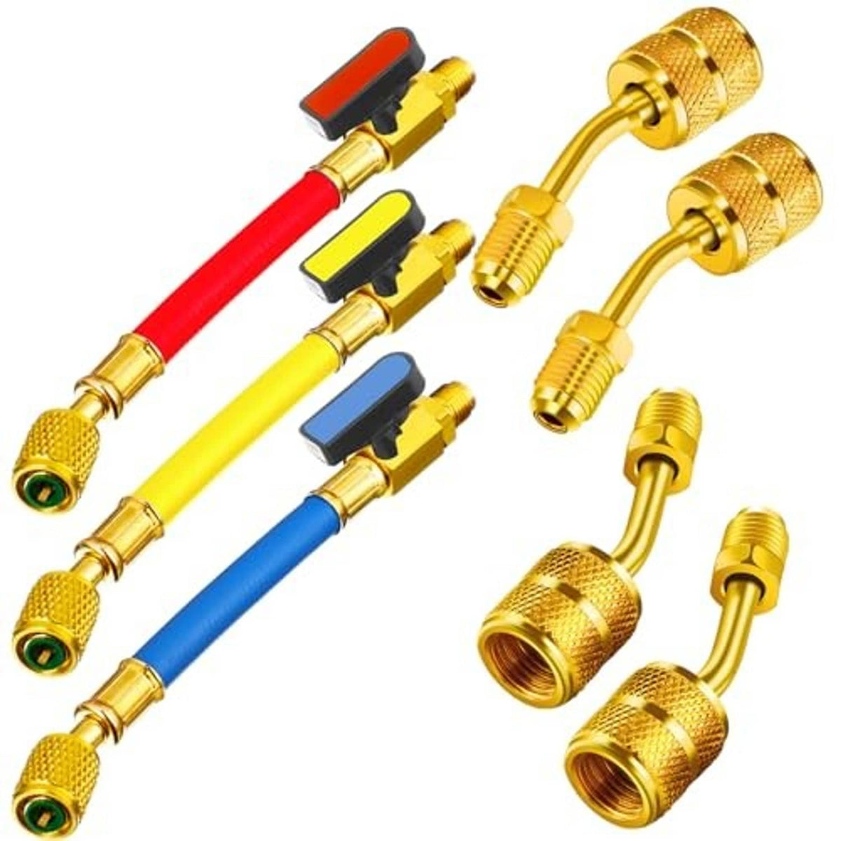 Refrigeration hose set with brass fittings, three colored tubes, and ball valve adapters