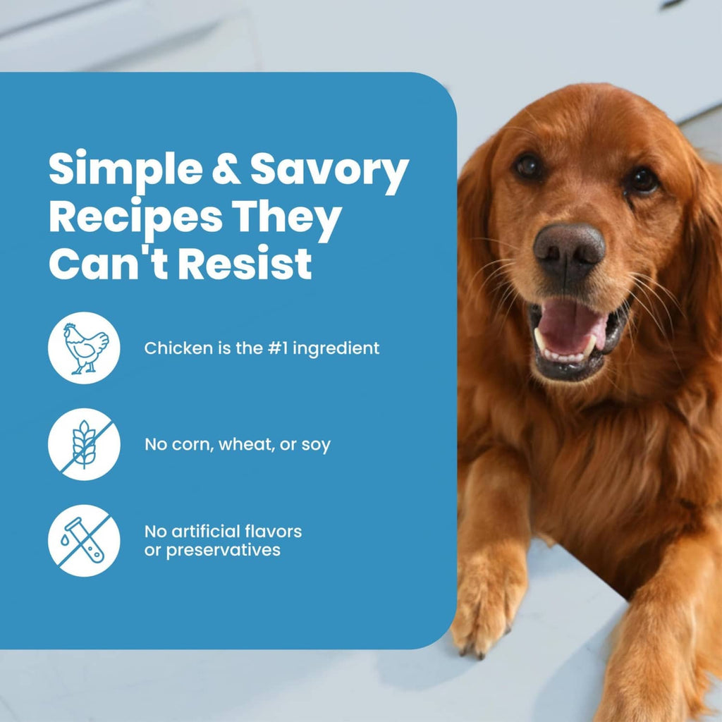 Golden-brown dog next to Blue Buffalo Nudges dog treat pouch on a white surface