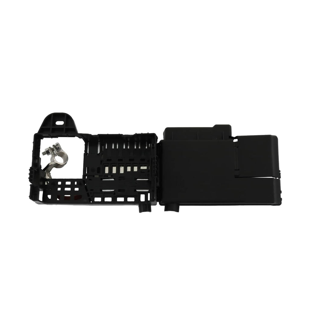 Black fuse block terminal with open socket housing and metal mounting hardware