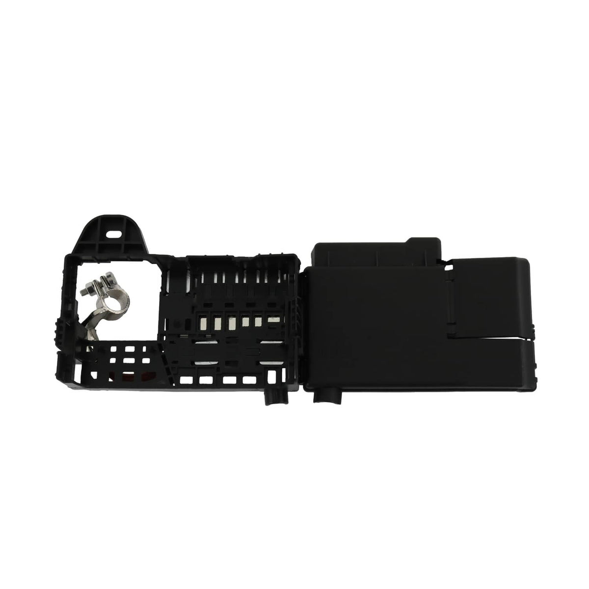 Black fuse block terminal with open socket housing and metal mounting hardware