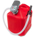 Automatic fuel transfer pump with auto-stop control unit on red fuel can