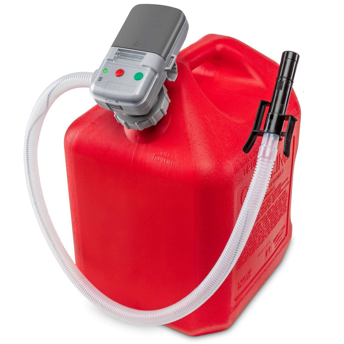 Automatic fuel transfer pump with auto-stop control unit on red fuel can