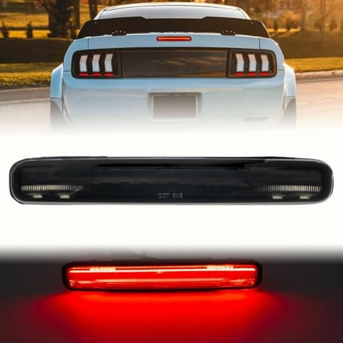 Smoked LED third brake light bar with red illuminated strip, black housing