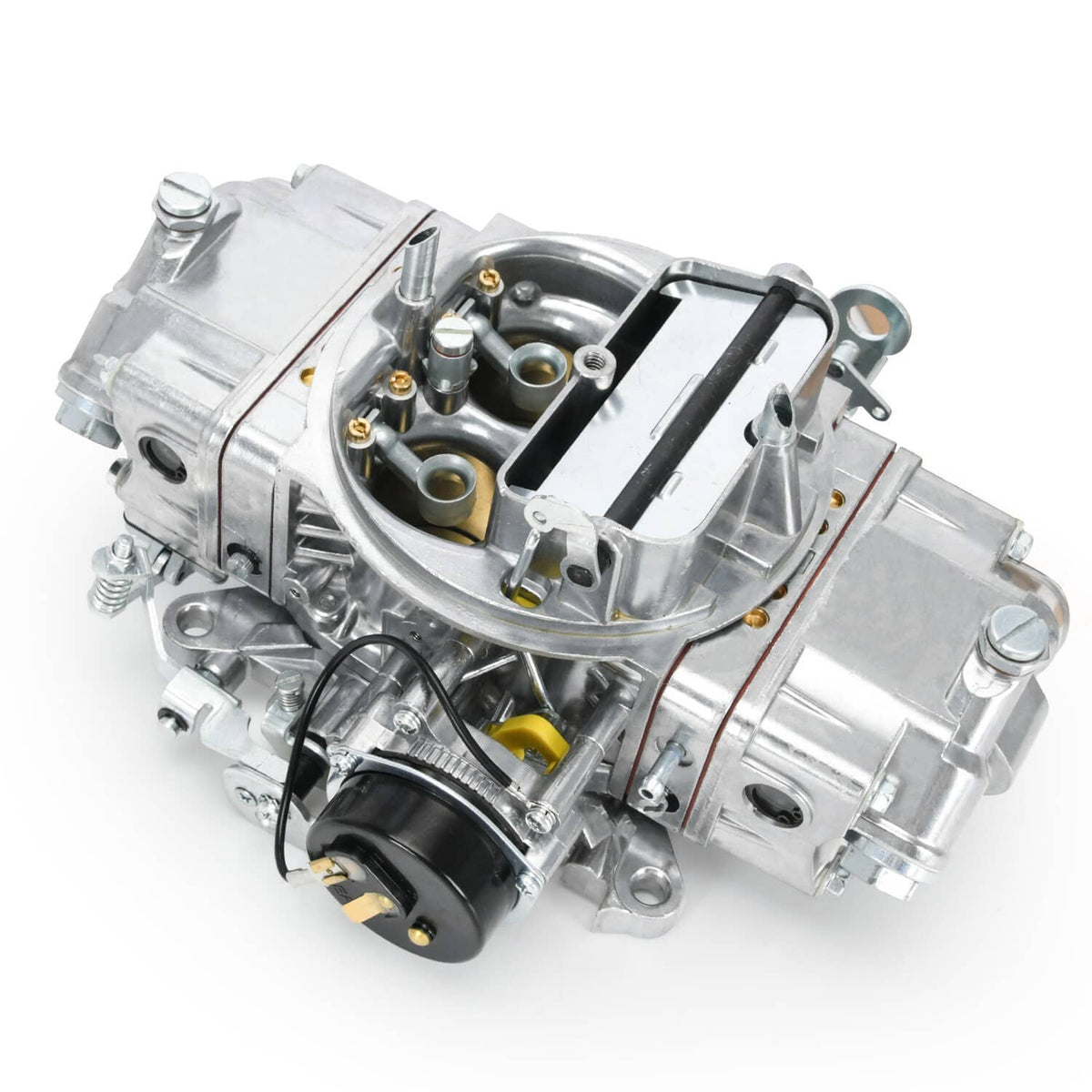 Carburetor e-choke assembly angled view with black canister and metal linkages