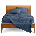 Blue twin bed linen set with flat sheet, fitted sheet, and two pillowcases