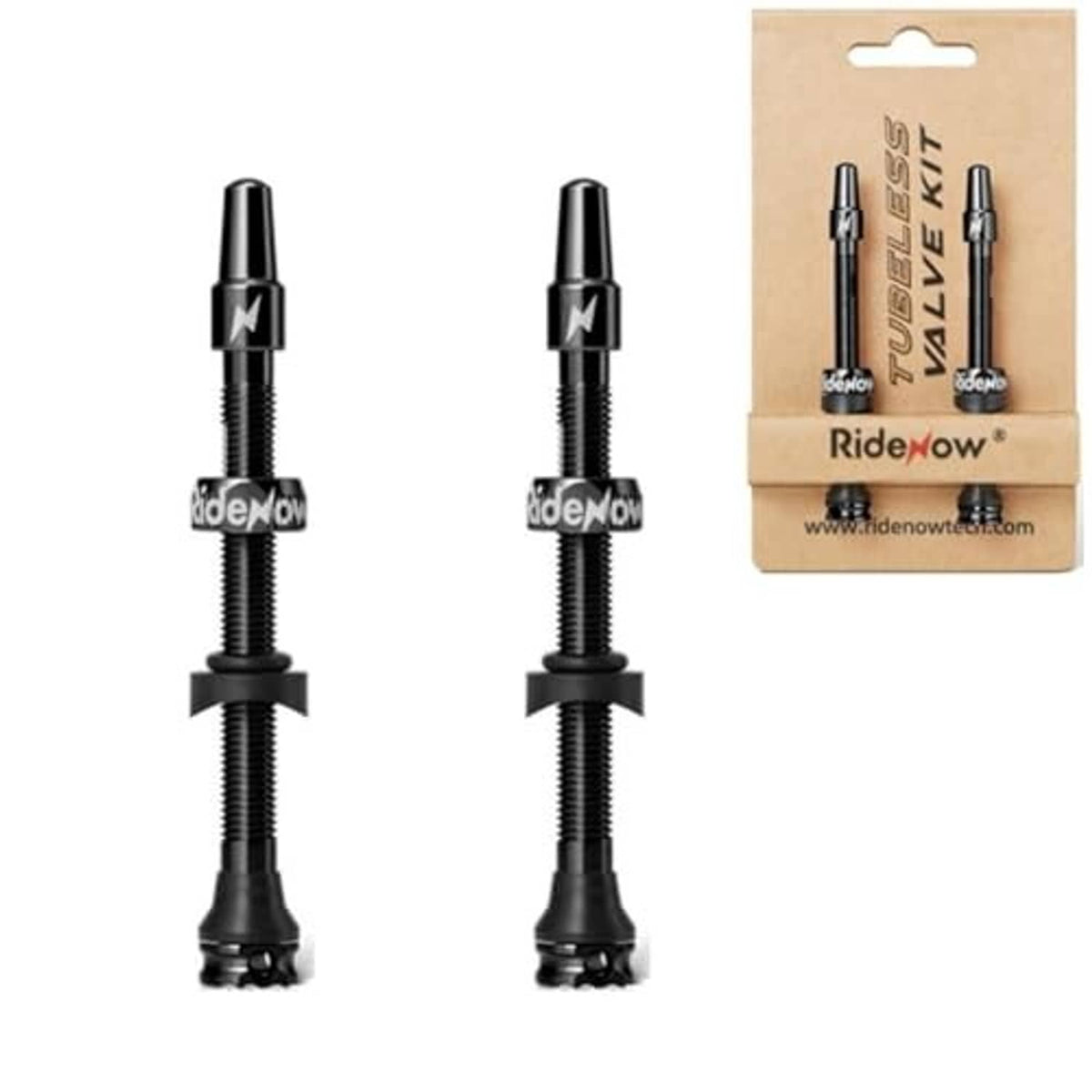 Black Presta tubeless valve stems, two-pack shown front view