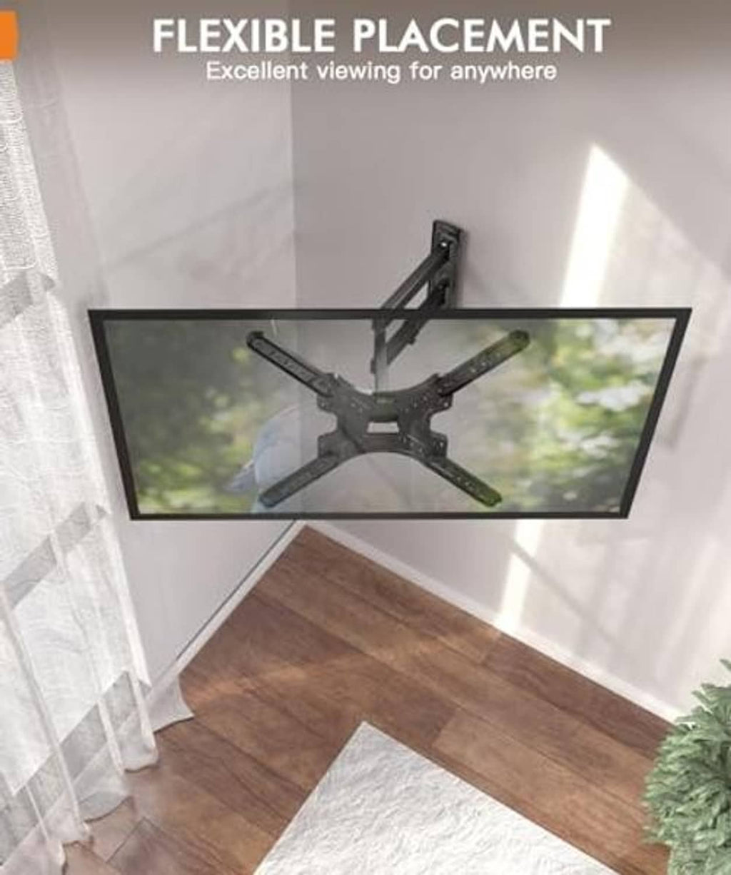 TV wall mount with full-motion swivel arms installed on a corner wall