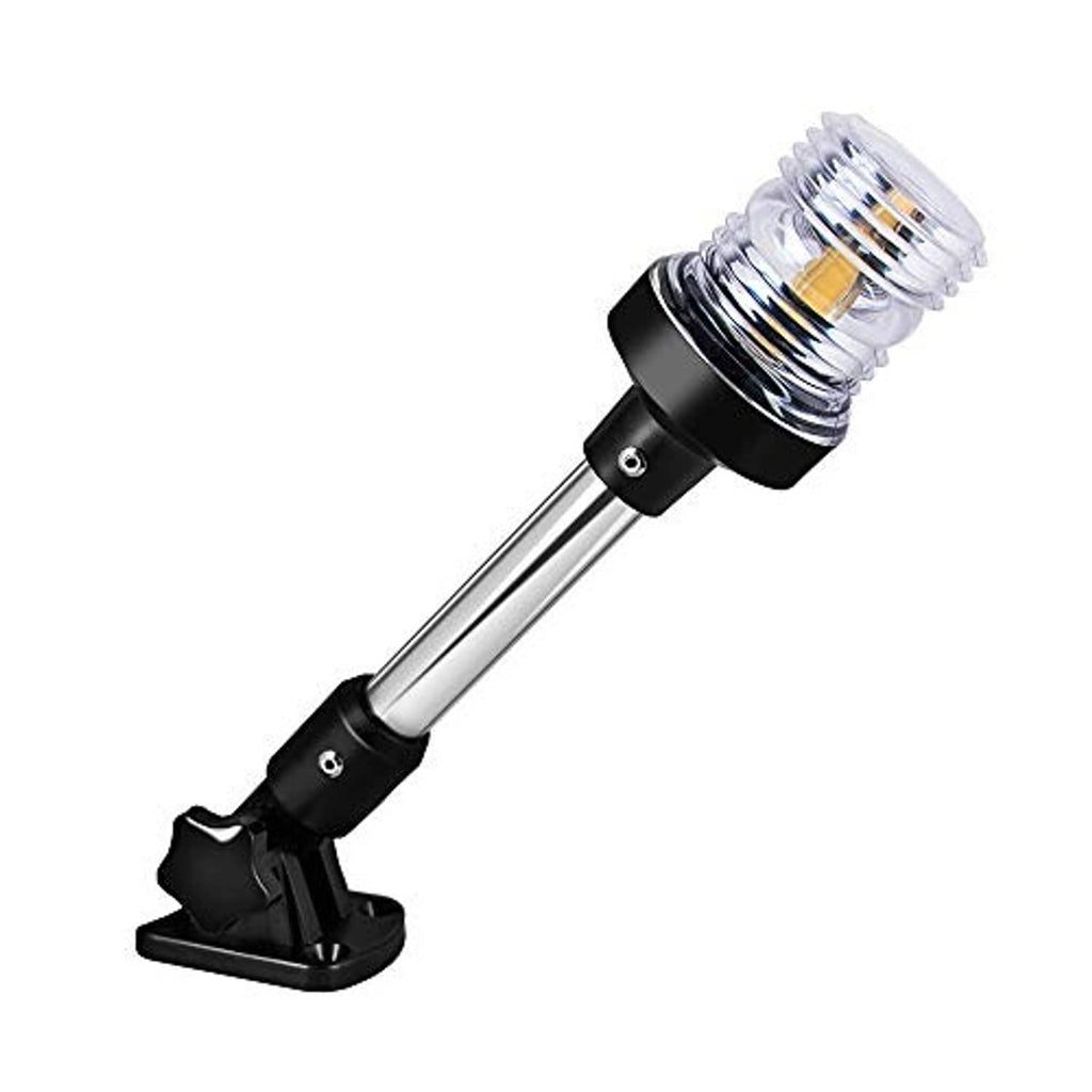 Fold-down LED boat stern light with black base, chrome pole, and clear lens