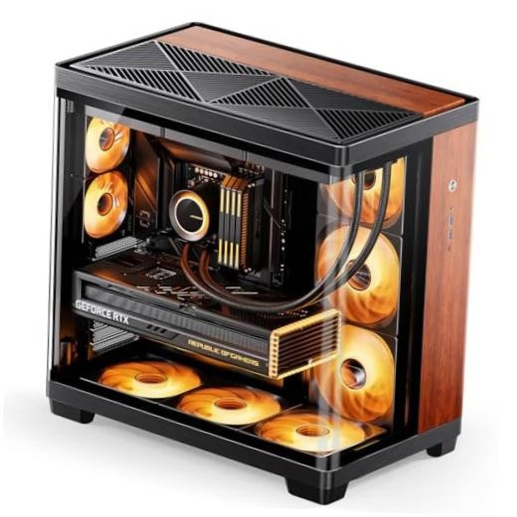 Mid-tower PC case with black frame and wood side panels, front glass showing fans and hardware