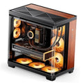 Mid-tower PC case with black frame and wood side panels, front glass showing fans and hardware