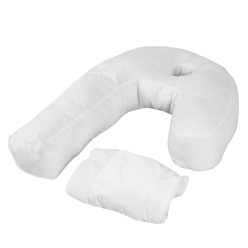 White U-shaped side sleeper pillow with ear hole cutout and inner cushion