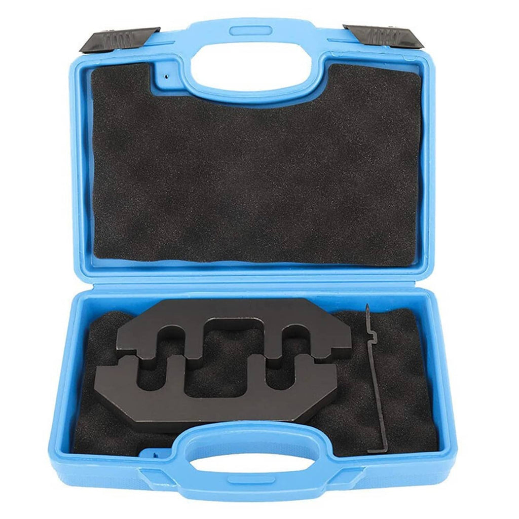 Blue storage case with black camshaft holding tool inserts and alignment pin
