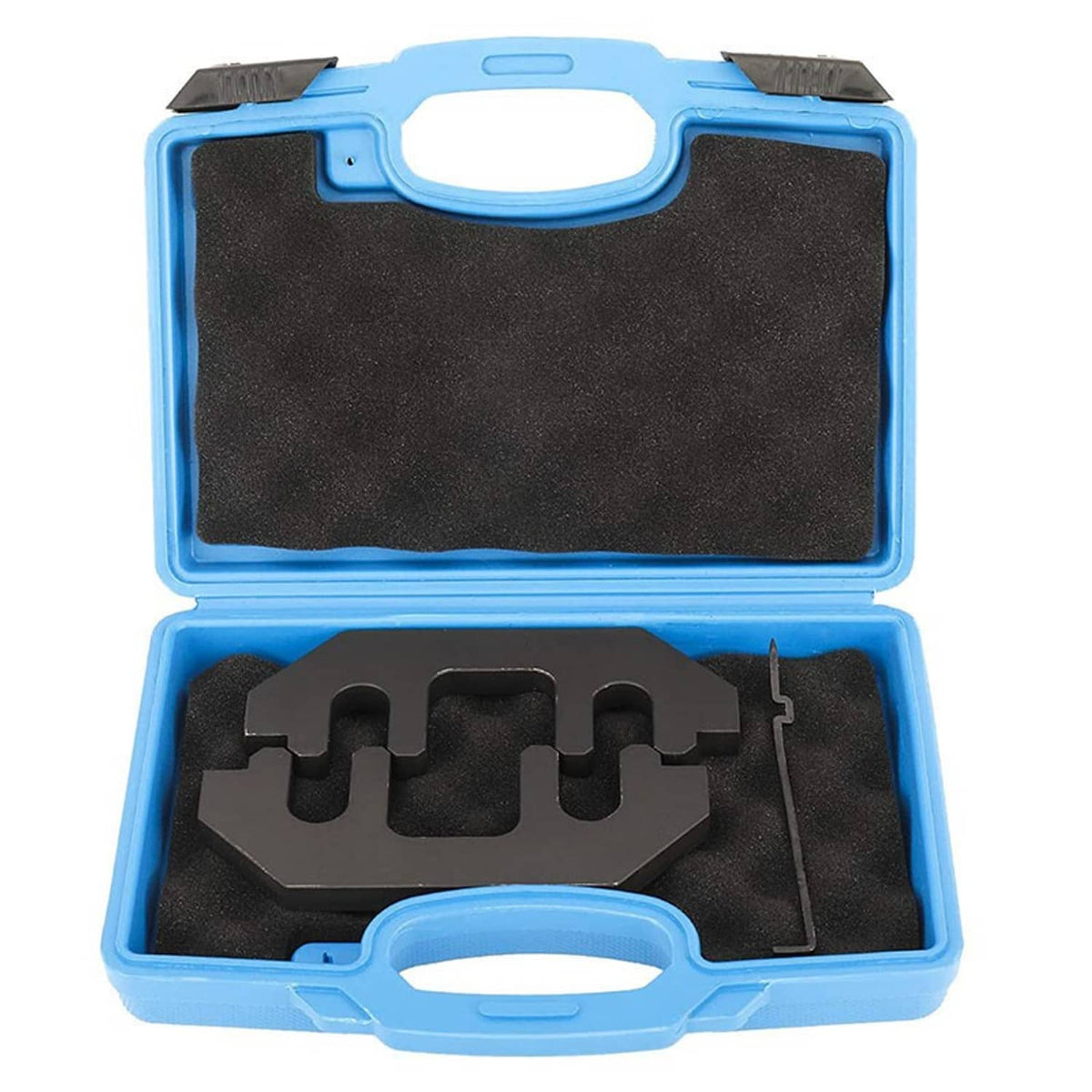 Blue storage case with black camshaft holding tool inserts and alignment pin