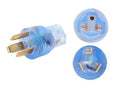 Compact 3-prong 240V male plug with prongs and blue adapter connector faces