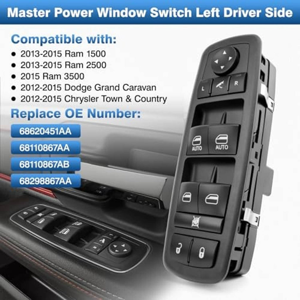 Black power window switch with arrow rocker controls, auto buttons, and lock icons