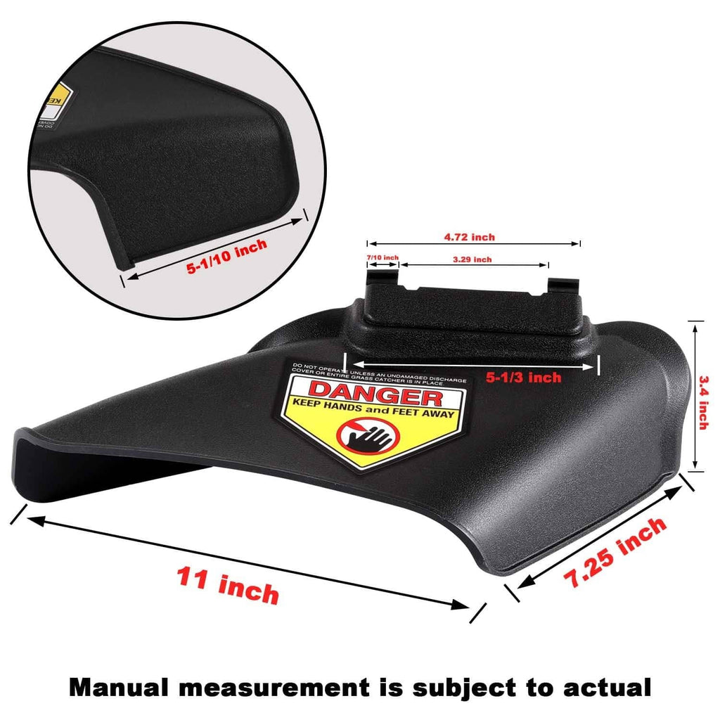 Black side discharge chute with danger warning label and labeled measurement diagram