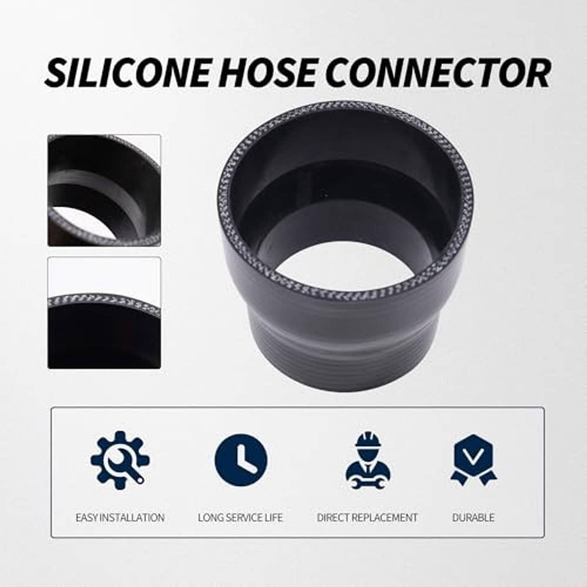 Black silicone hose connector reducer, reinforced lip and ribbed silicone body