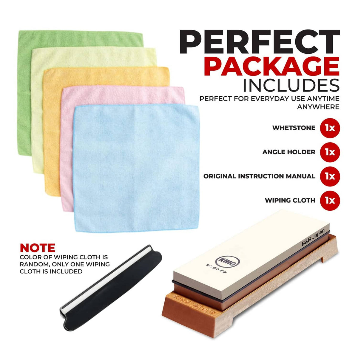 Whetstone starter set contents: whetstone, black angle holder, and colored wiping cloths