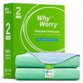 Pack of two green washable bed pads, folded and stacked with product box