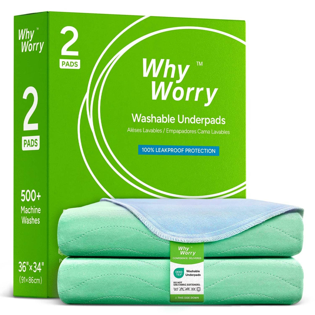 Pack of two green washable bed pads, folded and stacked with product box