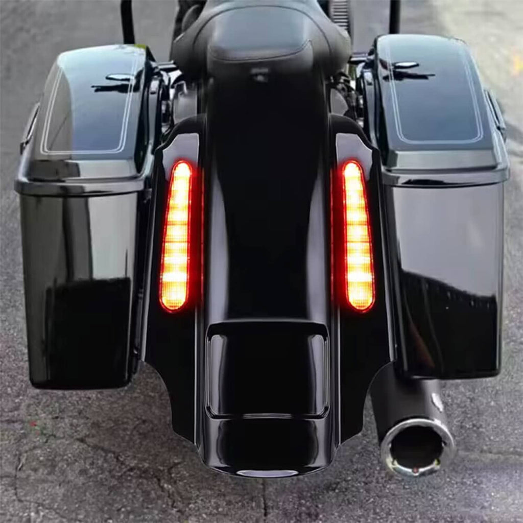 LED rear fender extension with red vertical light strips for motorcycle, glossy black finish