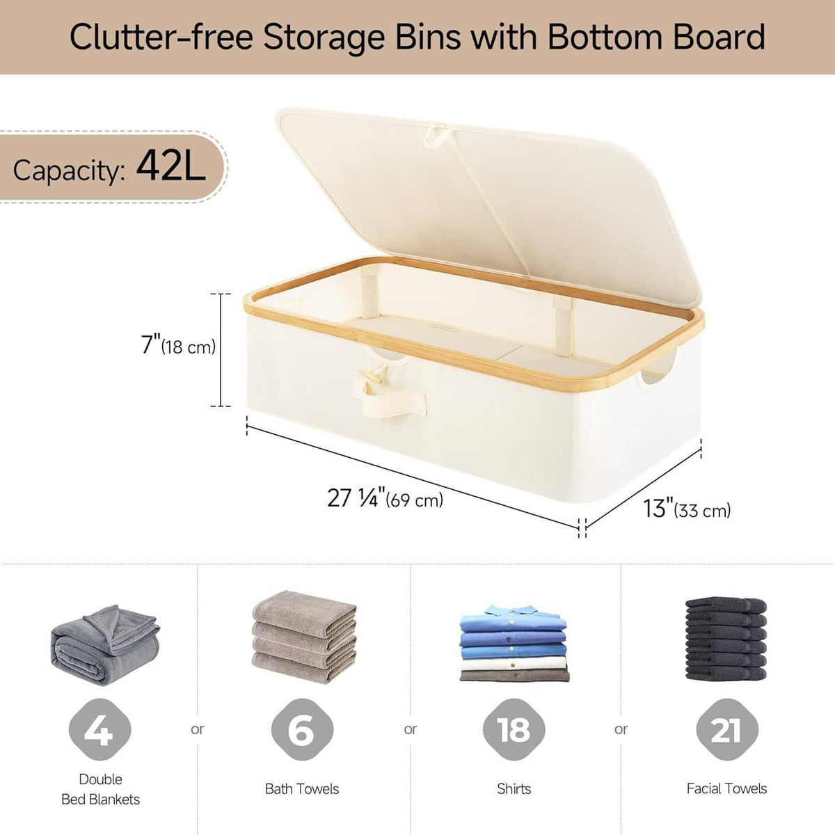 Under-bed storage bins with lids, white with tan trim, flip-top open bin and handles