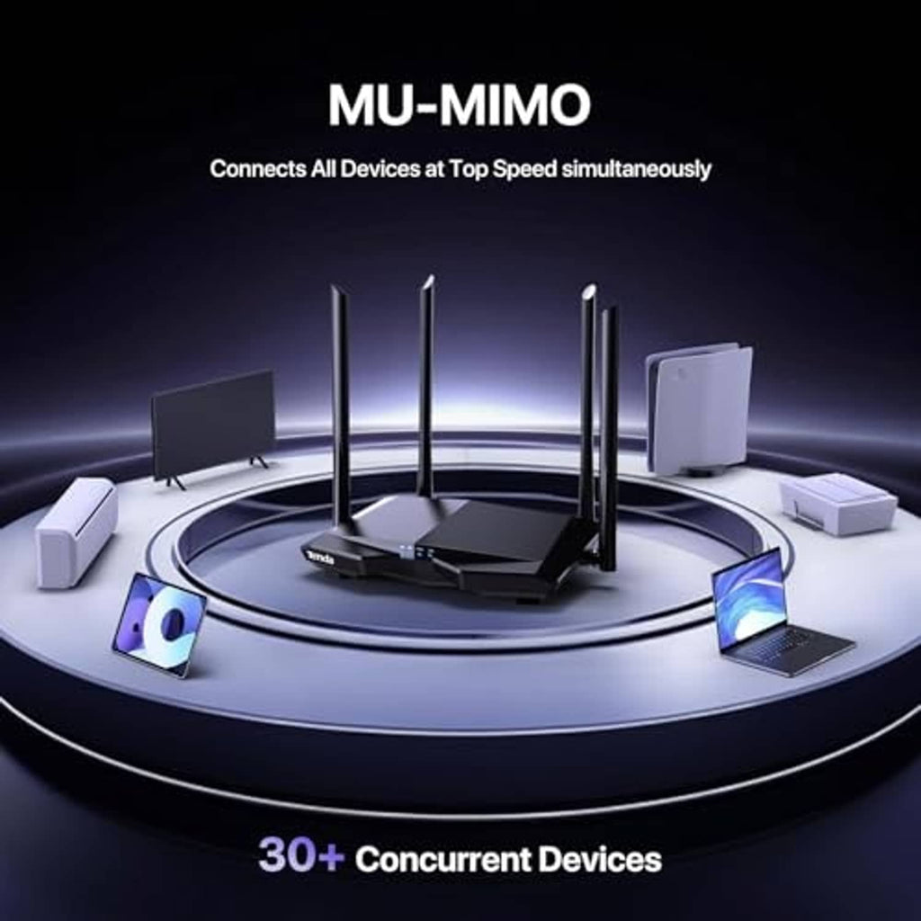 Tenda WiFi router with four antennas on circular base, connecting multiple devices.