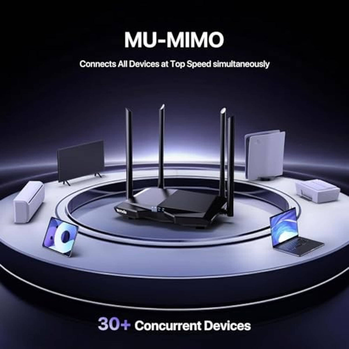 Tenda WiFi router with four antennas on circular base, connecting multiple devices.