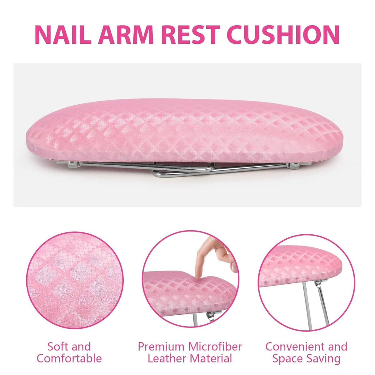 Pink nail arm rest cushion with quilted top and chrome foldable base