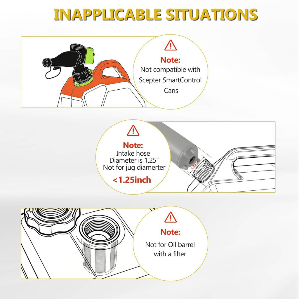 Fuel transfer nozzle and intake hose with caution icon overlays