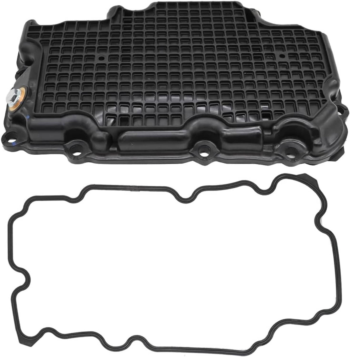 Engine oil pan with gasket, black textured oil pan and separate gasket outline