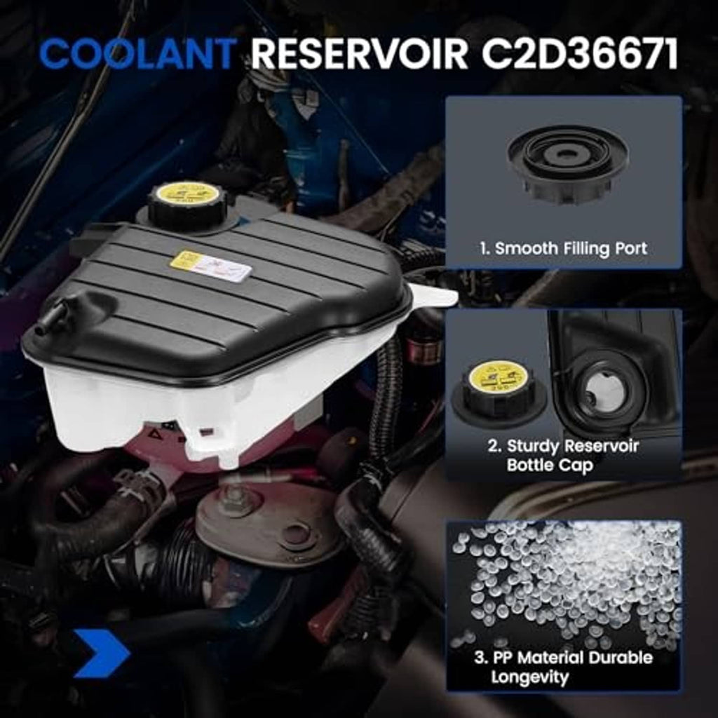Black coolant reservoir tank with yellow cap shown in a vehicle engine bay