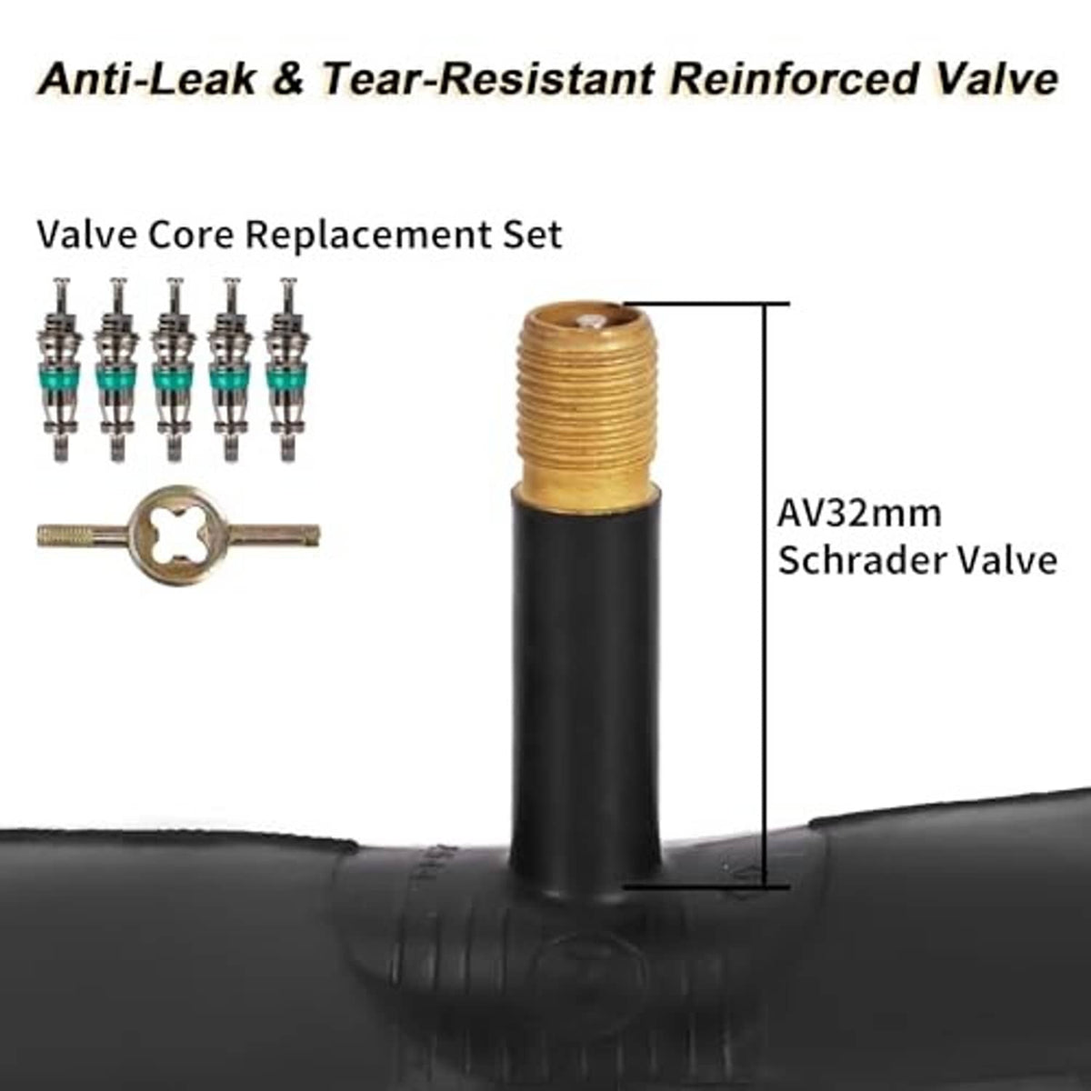 Reinforced Schrader valve bike tube with AV32mm valve core replacement set