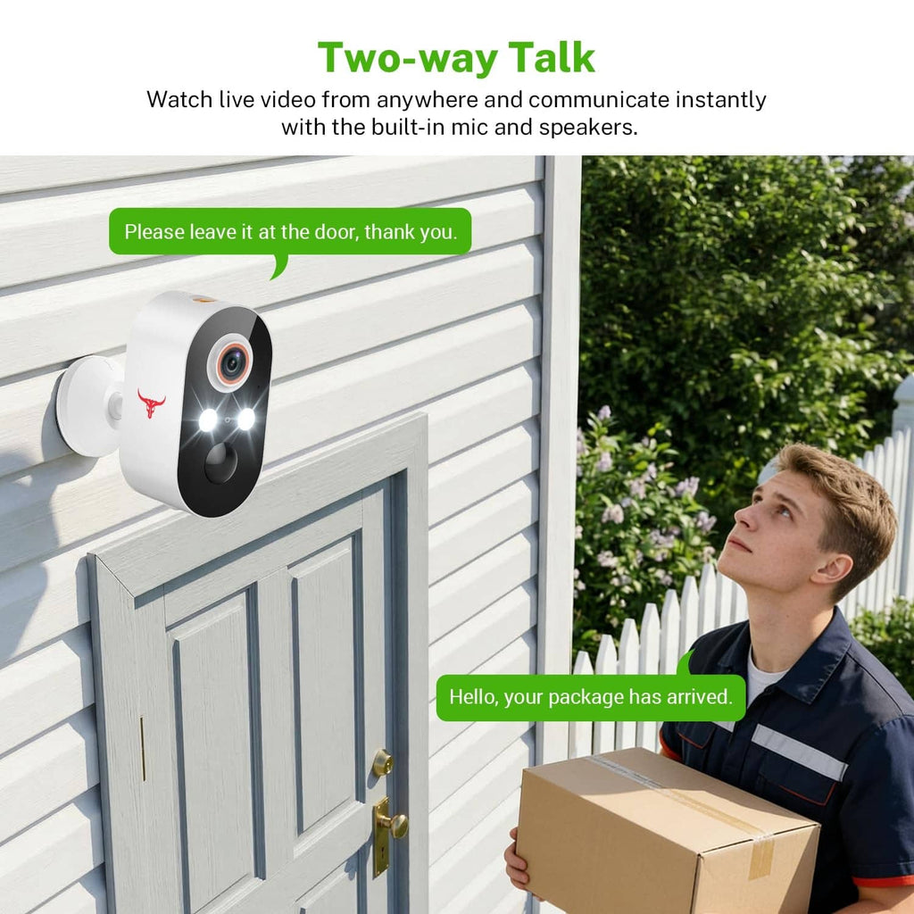 Outdoor wireless security camera mounted beside door with man holding a package