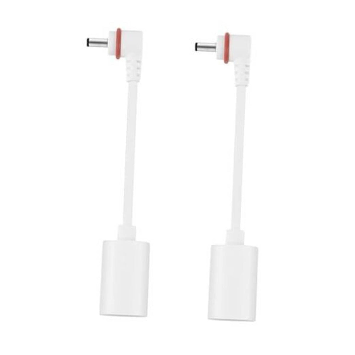 USB-C to barrel plug adapter cable with white cord and red-accent barrel connector