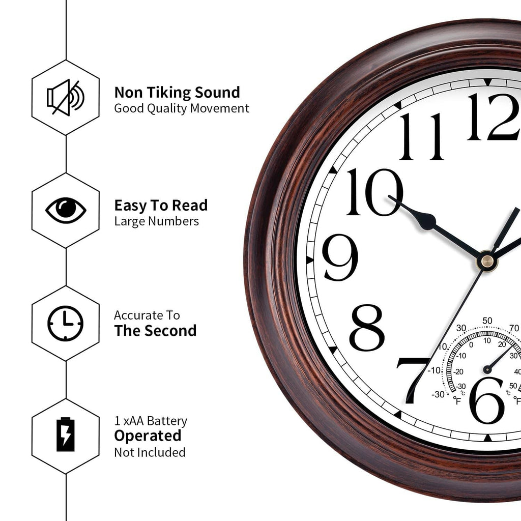 Outdoor wall clock close-up with thermometer subdial and large numerals, dark hands.