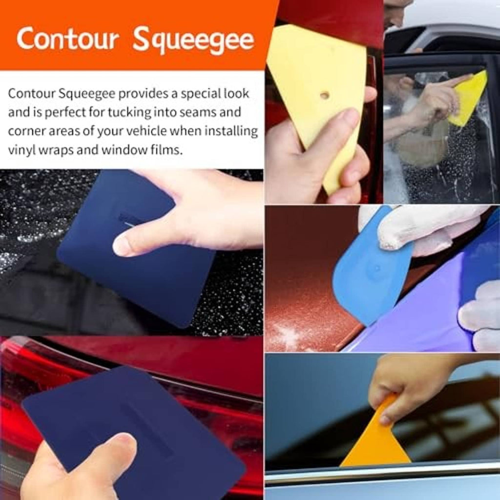 Contour squeegee tool kit with blue, yellow, and red/black squeegees for window corners